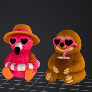 May include: Two plush toys: a pink flamingo wearing heart-shaped sunglasses, a straw hat, and a life preserver, and a brown sloth with heart-shaped sunglasses, holding a brown cup with a pink straw. Both are sitting.