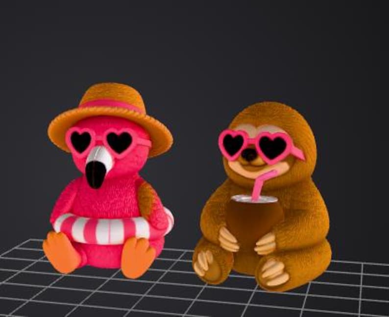 May include: Two plush toys: a pink flamingo wearing heart-shaped sunglasses, a straw hat, and a life preserver, and a brown sloth with heart-shaped sunglasses, holding a brown cup with a pink straw. Both are sitting.