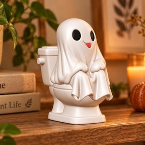 Op de afbeelding: Een wit spookfiguurtje dat op een wit toilet zit. Het spook heeft grote zwarte ovale ogen en een kleine mond met een rode tong die uitsteekt. Het figuurtje is gemaakt van glad materiaal en heeft een klassiek lakenachtig uiterlijk.