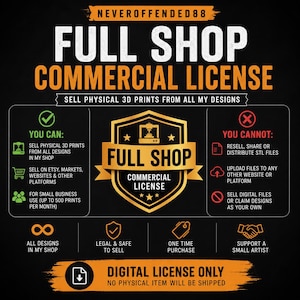 May include: A black graphic with the text "NEVEROFFENDED88" and "FULL SHOP COMMERCIAL LICENSE". The image details what you can and cannot do with the license, including selling physical 3D prints and the digital license only.