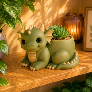 May include: A green dragon-shaped plant pot holding a succulent. The dragon has a friendly face, small horns and wings. The pot is on a wooden shelf, with other plants in the background.