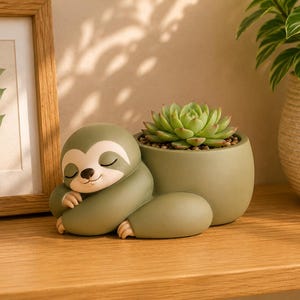 Puede incluir: Una figura de perezoso de cerámica verde con los ojos cerrados, junto a una pequeña maceta verde con una planta suculenta. La figura y la maceta están sobre una estantería de madera, con un cuadro enmarcado y una planta en maceta al fondo.