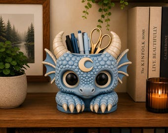 Fantasy draken pennenhouder STL | Chibi-bureauopberger, potloodbeker (digitale download)