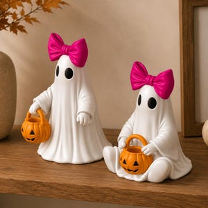 Cute Halloween ghost STL bundle featuring standing and seated ghost decorations with oversized bows.
