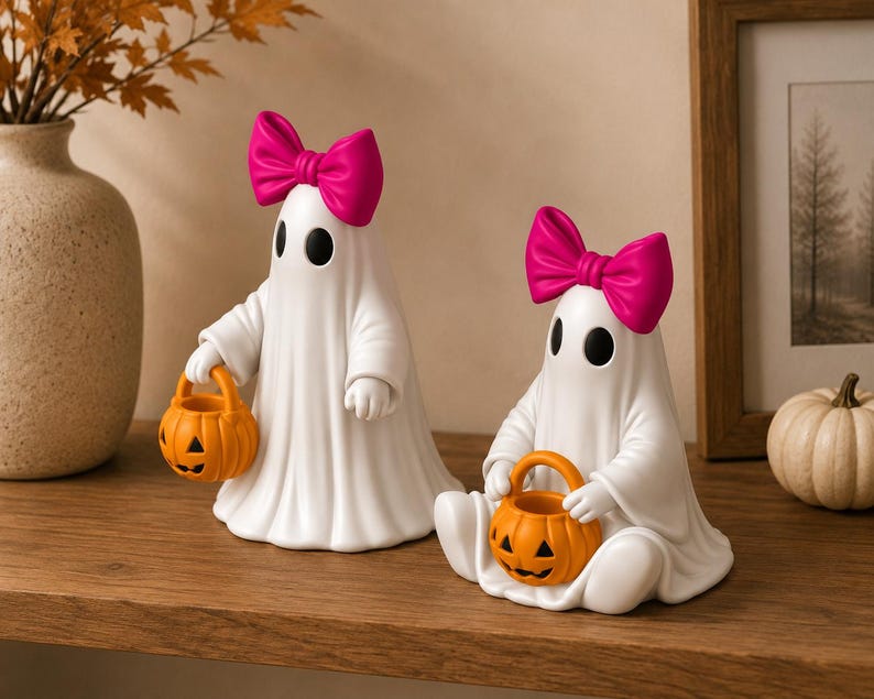 Cute Halloween ghost STL bundle featuring standing and seated ghost decorations with oversized bows.