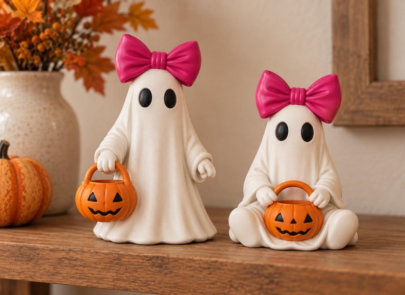 3D printable ghost girl duo for Halloween decor with black oval eyes, pink hair bows and jack o lantern candy baskets displayed in a cozy home setting.