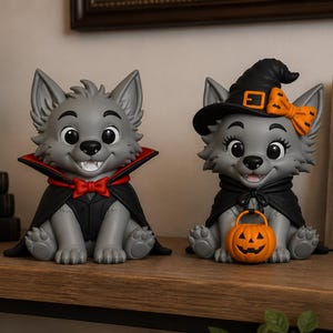 May include: Two gray wolf figurines dressed for Halloween. The left wolf wears a black cape with a red collar and a red bow tie. The right wolf wears a black witch hat with an orange bow and holds a small orange jack-o'-lantern candy bucket.
