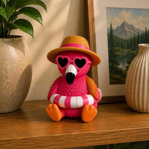 May include: A pink flamingo figurine wearing heart-shaped sunglasses, a straw hat, and a striped floatie. The flamingo has orange feet and a black beak. It is sitting on a wooden shelf with other decorative items.