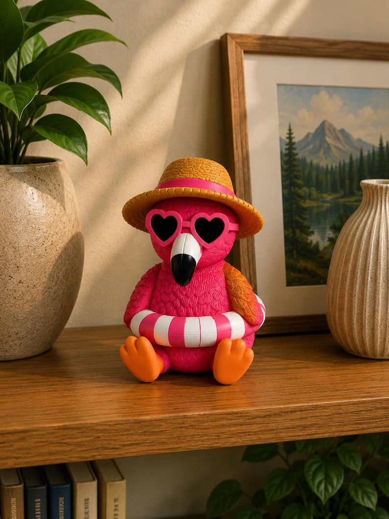 May include: A pink flamingo figurine wearing heart-shaped sunglasses, a straw hat, and a striped floatie. The flamingo has orange feet and a black beak. It is sitting on a wooden shelf with other decorative items.