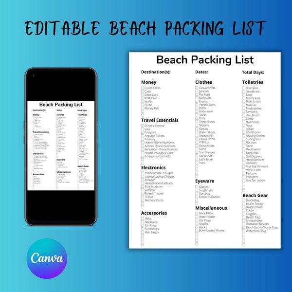 Beach Printable Packing List - Beach Packing List - Printable - Editable - Packing List Printable - Editable Packing List - Beach Printable