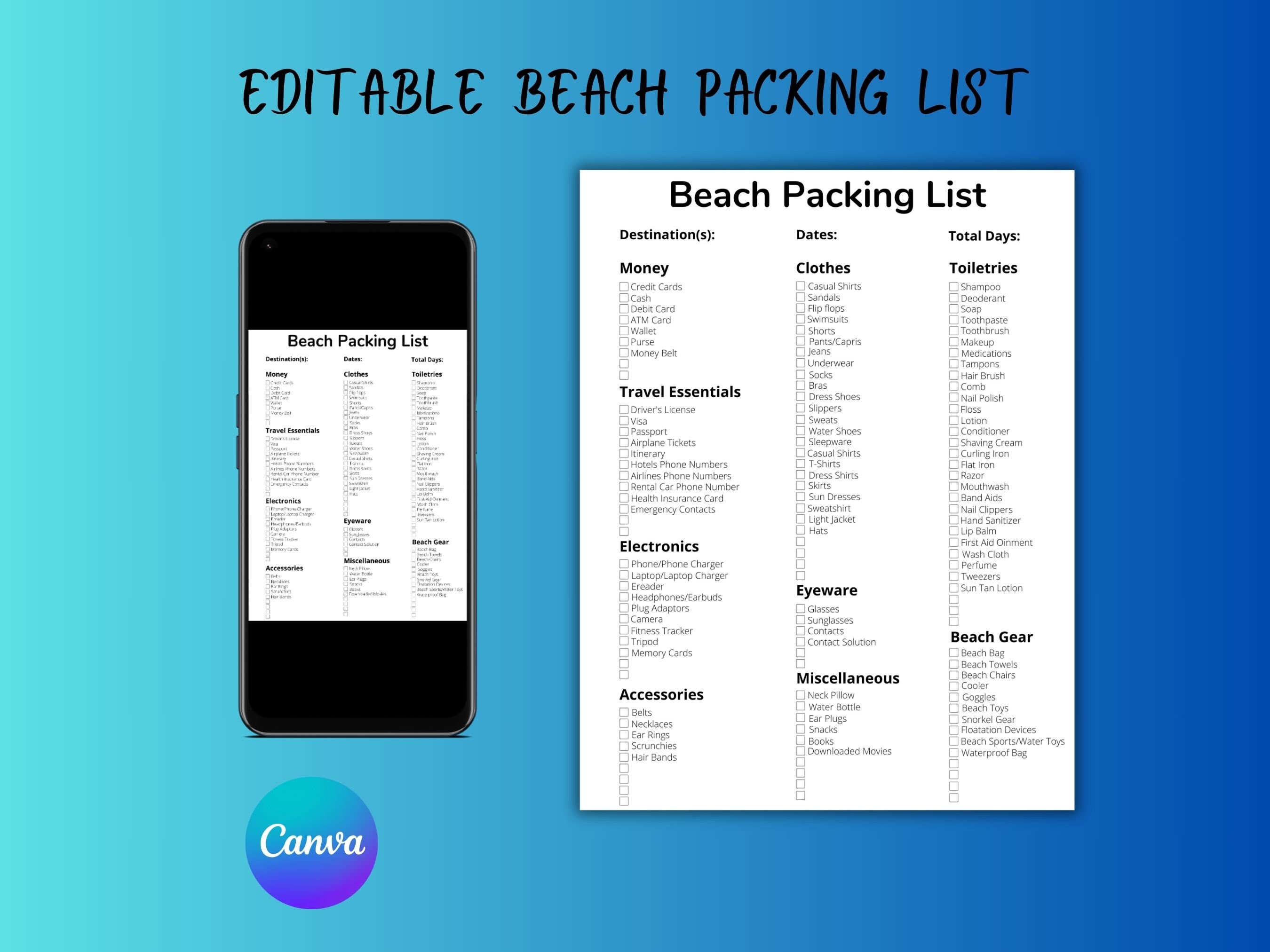 Beach Printable Packing List - Beach Packing List - Printable ...