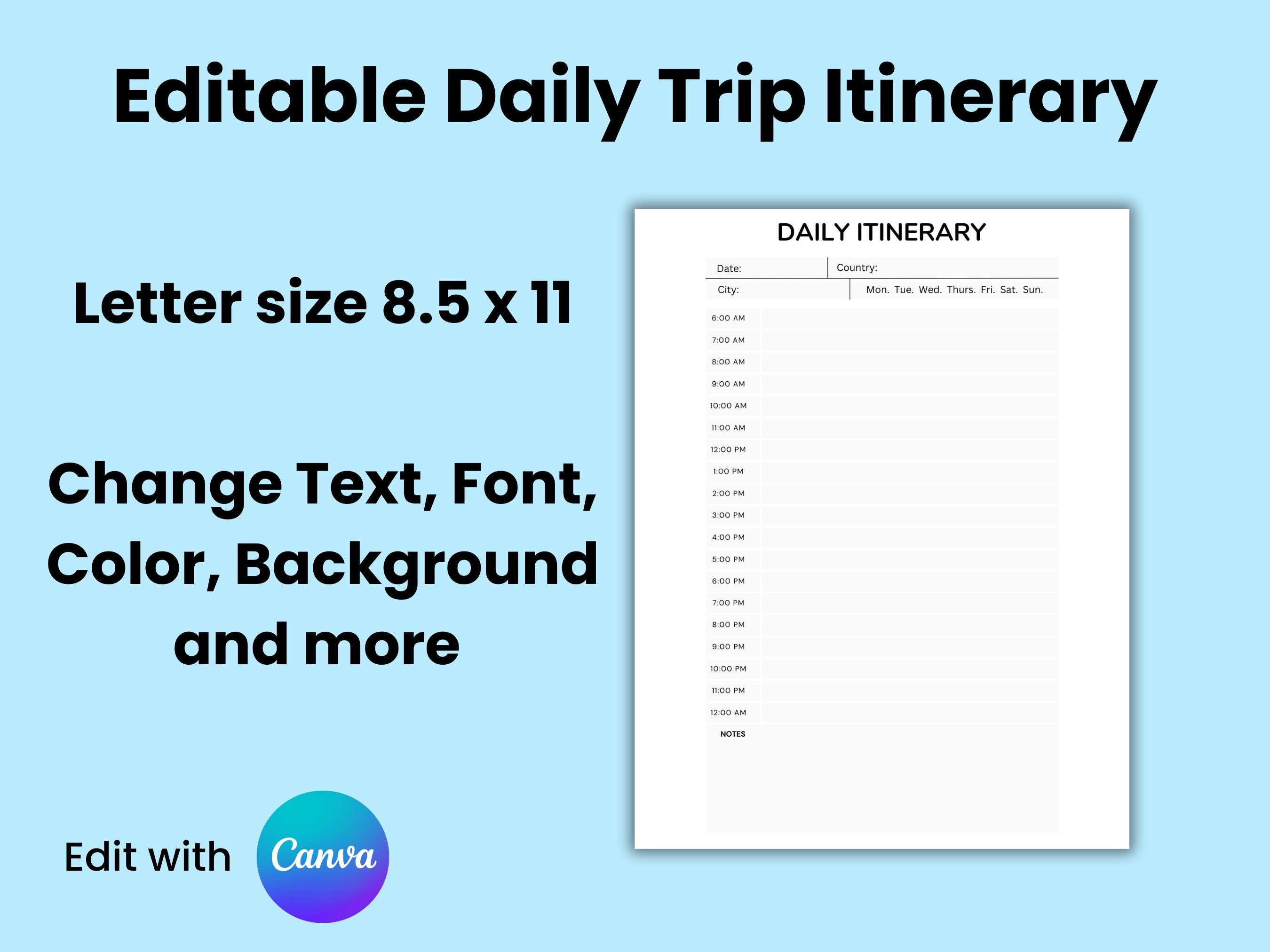 Print Trip Itinerary - Daily Itinerary - Printable - Editable ...