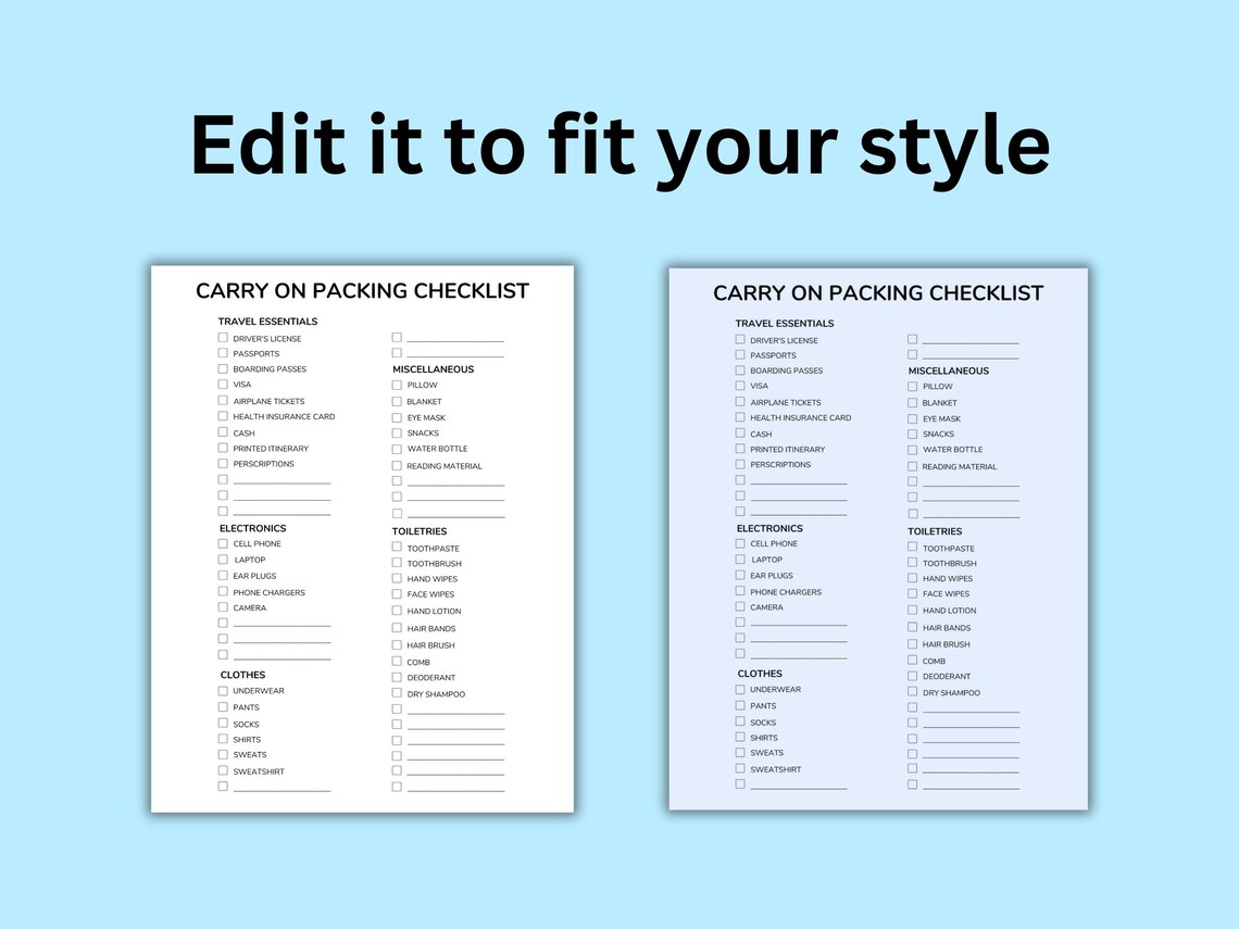 Printable Packing List - Packing List - Carry on Printable List - Carry ...