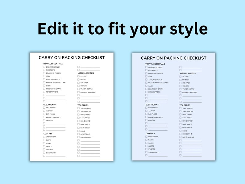 Printable Packing List - Packing List - Carry on Printable List - Carry ...