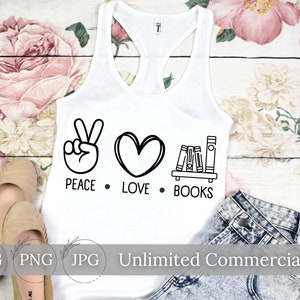 Peace Love Books SVG, BUNDEL voor 50-70% korting, T-Shirt SVG, Peace and Love, Instant Download, Digitale Download, Png, Jpg, Cricut, Silhouet