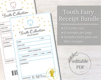 Editable Tooth Fairy Receipt Bundle, Tooth Collection Receipt, Pink and Blue Printable Certificate, Tooth Record Chart, Lost Tooth Report