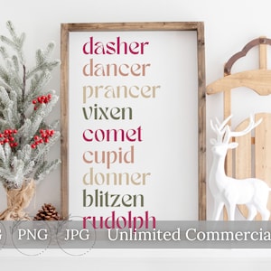 Reindeer Names SVG, Dasher Dancer Prancer Vixen Comet Cupid Donner Blitzen Rudolph, Christmas SVG, Reindeer Names, Cut File, Cricut, Png