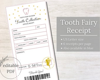 Editable Tooth Fairy Receipt, Tooth Collection Receipt, Pink Printable Certificate, Tooth Record Chart, Lost Tooth Report
