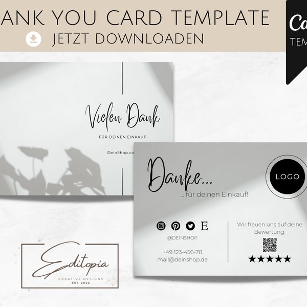 Business Thank You Card, Editable Template, Danke für deinen Einkauf, Thank You For Your Purchase, Canva Printable, #04 elegance