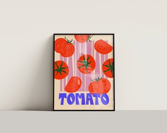 May include: A framed print with a colorful illustration of red tomatoes on a pink and white striped background. The word "TOMATO" is written in blue letters at the bottom of the print.