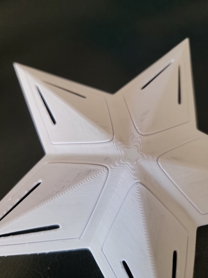 K&ouml;nnte beinhalten: Ein wei&szlig;es, sternf&ouml;rmiges Objekt mit f&uuml;nf Spitzen und einer strukturierten Oberfl&auml;che. Das Design weist kleine, rechteckige Aussparungen an den Kanten jeder Spitze auf. Es scheint ein dekoratives Element oder Teil einer gr&ouml;&szlig;eren Struktur zu sein.