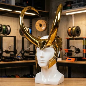 May include: A shiny gold-colored helmet with two large, curved horns extending upward from the sides. The helmet is displayed on a plain white mannequin head, featuring a smooth, reflective metallic finish and intricate structural detailing.