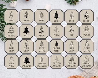 Adventskalender Zahlen, 24 Kärtchen zum Download, Tannenbaum, Einfach Zuhause Ausdrucken & Ausschneiden, DIY für deinen Adventskalender