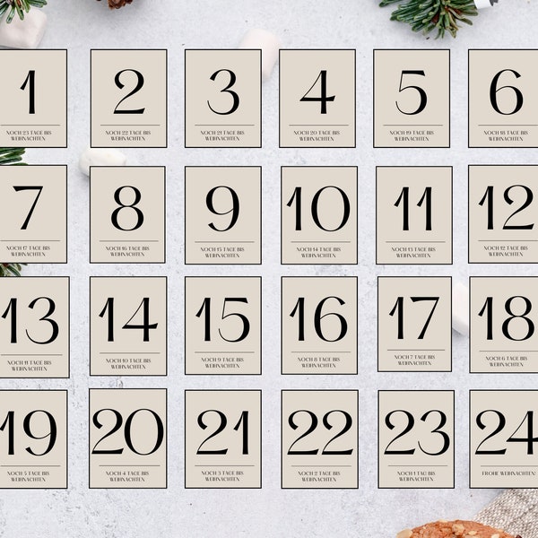 Adventskalender Zahlen, 24 Kärtchen zum Download, Einfach Zuhause Ausdrucken & Ausschneiden, DIY für deinen Adventskalender