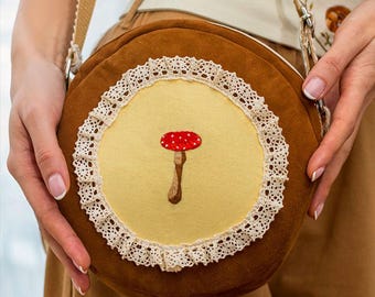 Handmade round crossbody vintage bag with embroidered mushroom
