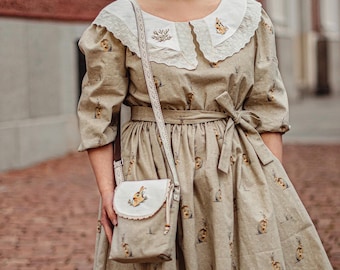 Vintage Linen Dress – Beige Cottagecore Hare Print with Embroidered Collar