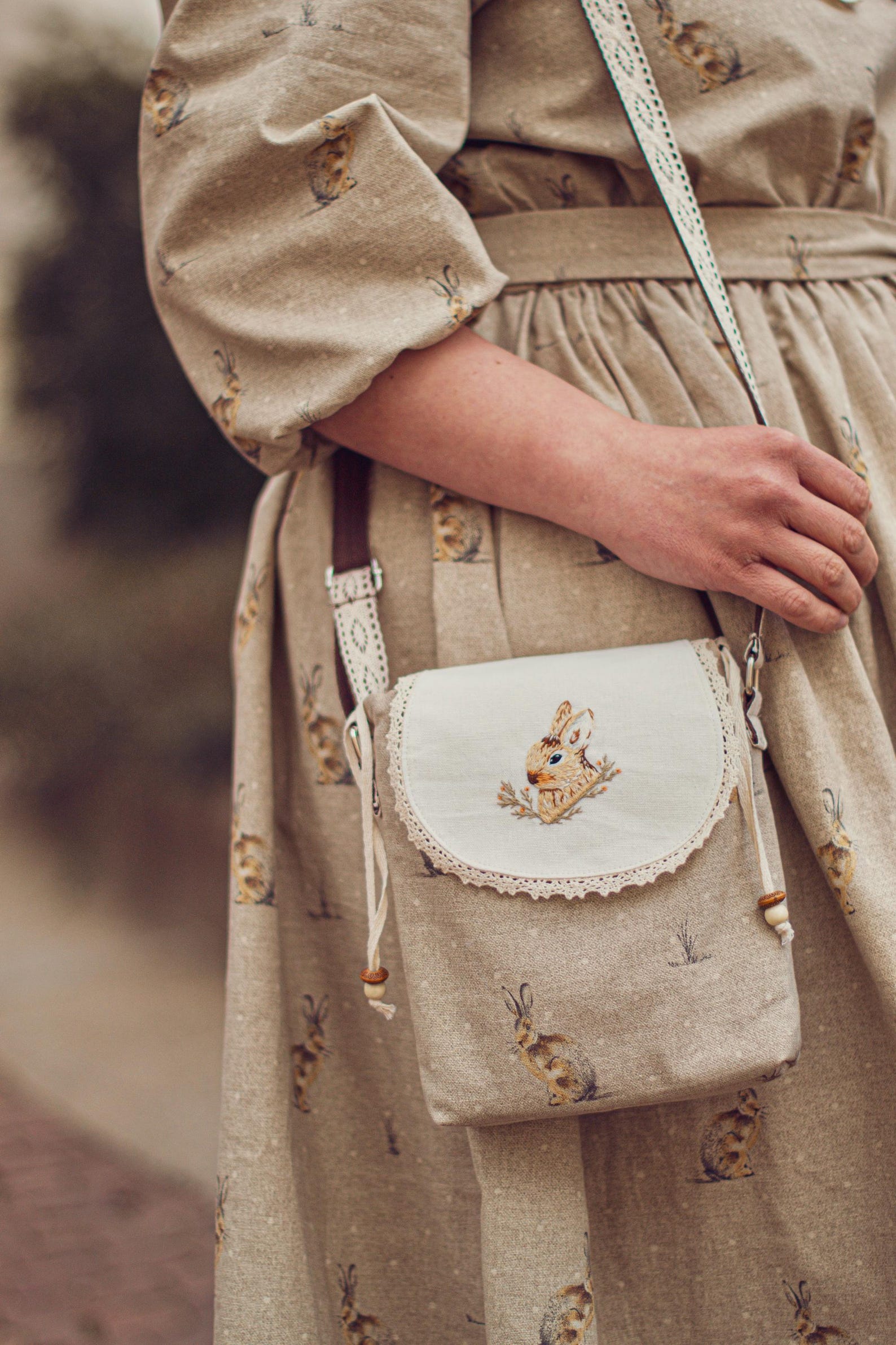 The Little Brown Hare bag. Printed on silk velvet. Green velvet version. main image 0