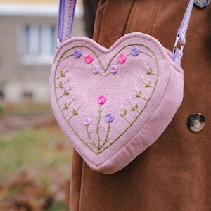 Handmade Heart Shaped Pink Bag with Beautiful Flowers Embroidery