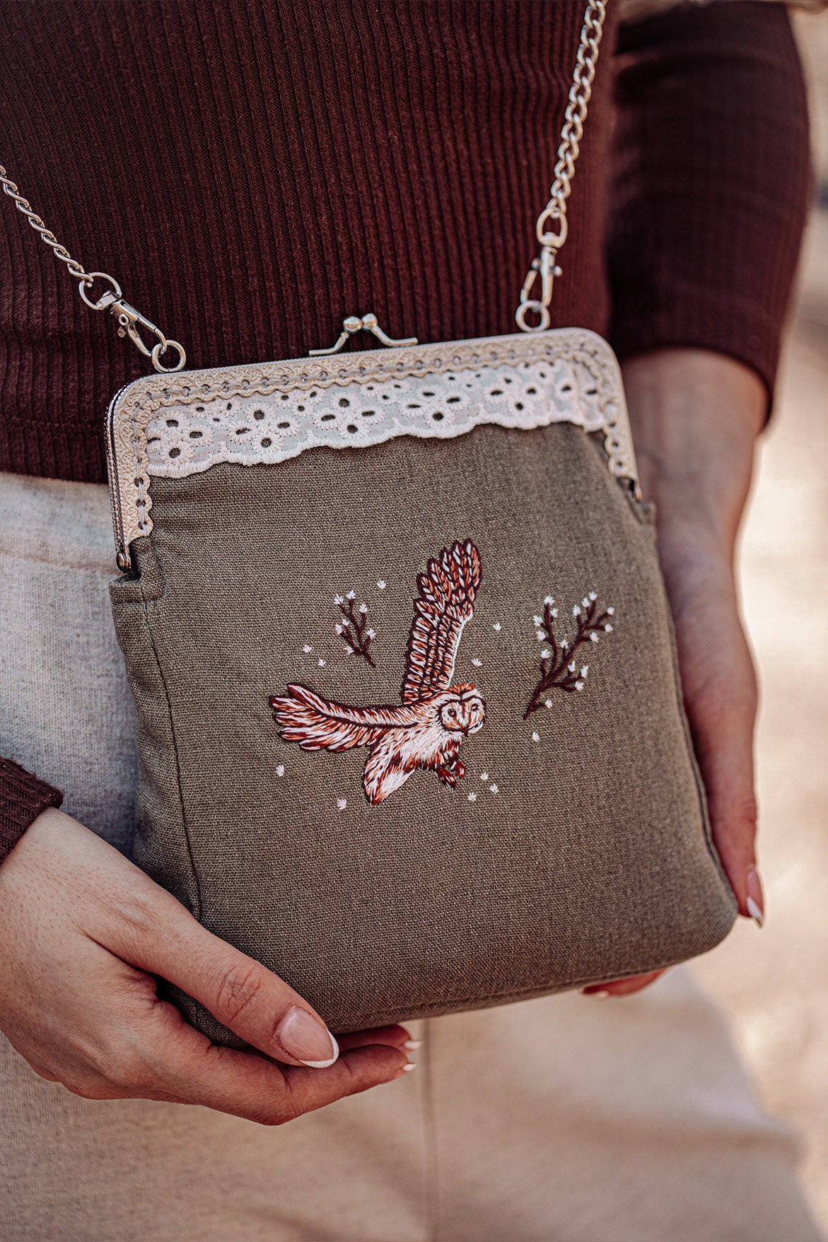 Handmade Vintage Linen Bag with Owl Embroidery