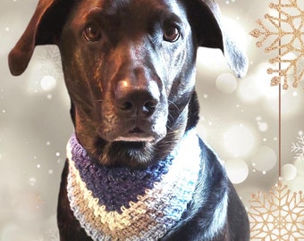 Handmade Crochet Dog Bandana, Winter Blue and Silver Stripes, Holiday Crocheted Pet Scarf, Canine Neckwear with Adjustable Tie