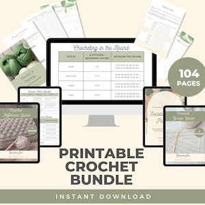 Peut inclure: Un lot de produits numériques pour le crochet, comprenant un écran d'ordinateur affichant un tableau de points de crochet et d'augmentations, une tablette montrant un guide de référence au crochet et un téléphone affichant un guide de jauge au crochet. Le lot comprend 104 pages de modèles de crochet imprimables.