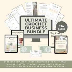 May include: An Ultimate Crochet Business Bundle is displayed, including a computer monitor, tablets, and printed pages. The text on the monitor reads "ULTIMATE CROCHET BUSINESS BUNDLE." The image also features business card templates and a social media planner.