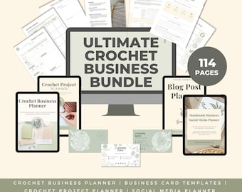 May include: An Ultimate Crochet Business Bundle is displayed, including a computer monitor, tablets, and printed pages. The text on the monitor reads "ULTIMATE CROCHET BUSINESS BUNDLE." The image also features business card templates and a social media planner.