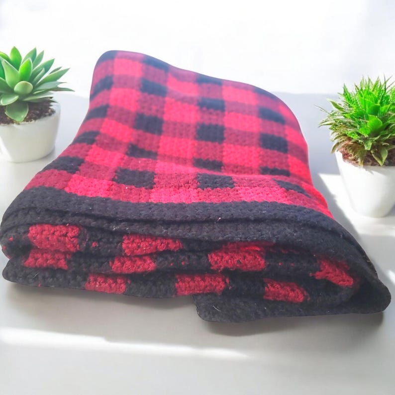 Handmade Crochet Red and Black Buffalo Check Blanket, Cozy Big ...
