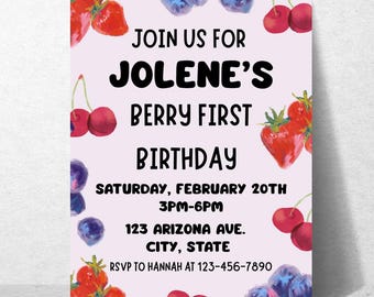 Berry Birthday Invitation, Berry First Birthday Invitation, Berry Invitation, Strawberry Girl Birthday, Strawberry Birthday Invitation