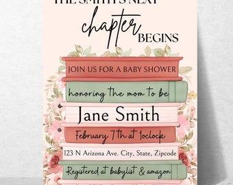 The Next Chapter Begins Baby Shower Invitation | Book Theme Baby Shower Invite | Neutral Storybook Baby Shower | Editable Digital Invite