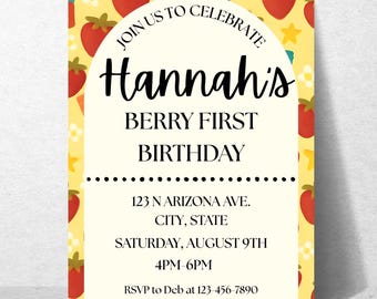 Berry Birthday Invitation, Berry First Birthday Invitation, Berry Invitation, Strawberry Girl Birthday, Strawberry Birthday Invitation