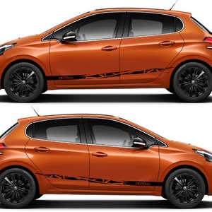 May include: Orange Peugeot 208 with black racing stripes and "GT Line" text on the side. The car is shown from the side with the front wheels turned slightly to the left.