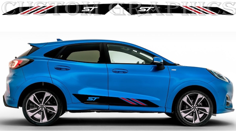 May include: A blue Ford Puma ST with black and red side stripes and the word "ST" on the side. The car has black wheels and a black roof.