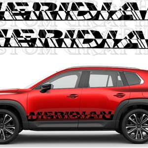 May include: A red SUV with black racing stripes that say "MERCURYLAN" on the side.