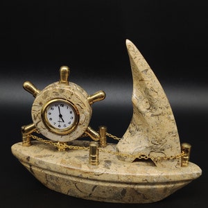 Marble Boat clock Natural Solid carved stone