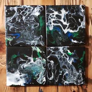 Fluid Art Coaster Set of 4 in Black, Blue, Green and a White swipe.   Glows in Black Light.
