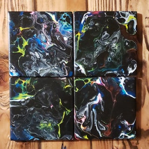 Fluid Art Coaster Set of 4 in Black, Blue, Yellow, Green and a White swipe.   Glows in Black Light.