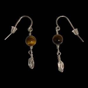 Tiger’s Eye Beads with Herkimer Diamond Quartz Crystal Earrings Wire Wrapped in .925 Sterling Silver