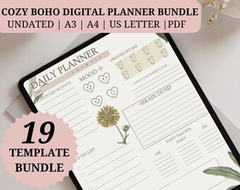 May include: A digital planner template with 19 pages, featuring a daily planner layout with sections for scheduled activities, mood tracker, water intake, to-do list, brain dump, habit tracker, notes and reminders. The template has a floral design with a yellow flower and green leaves.