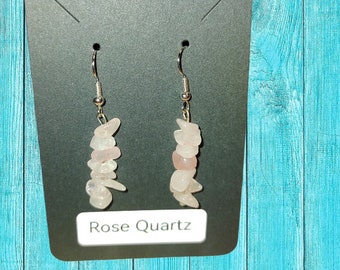 Rose quartz chip dangle earrings, rose quartz chips, boho, witchy